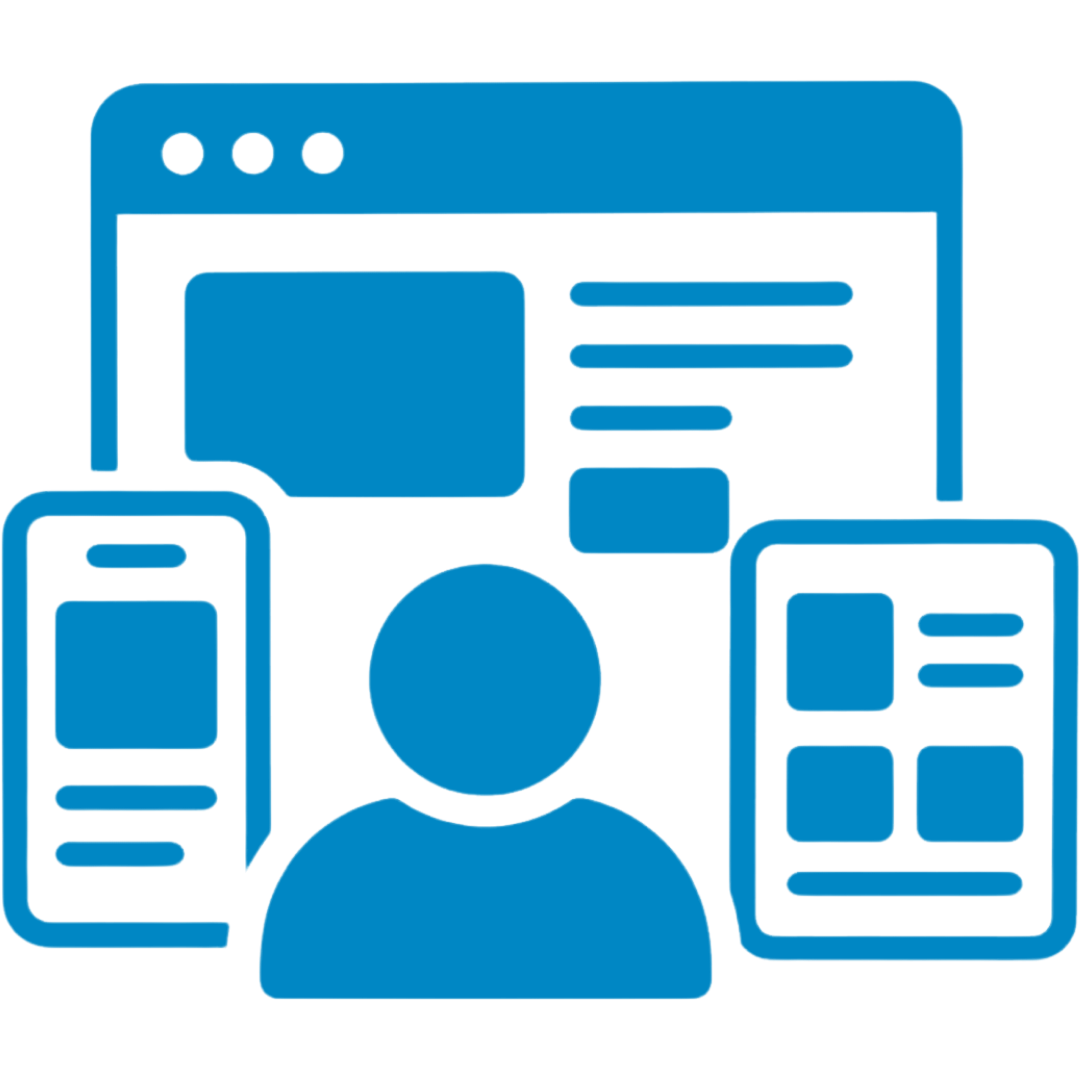 Icon of a computer window with a person, and two smartphones, representing mobile and desktop devices.