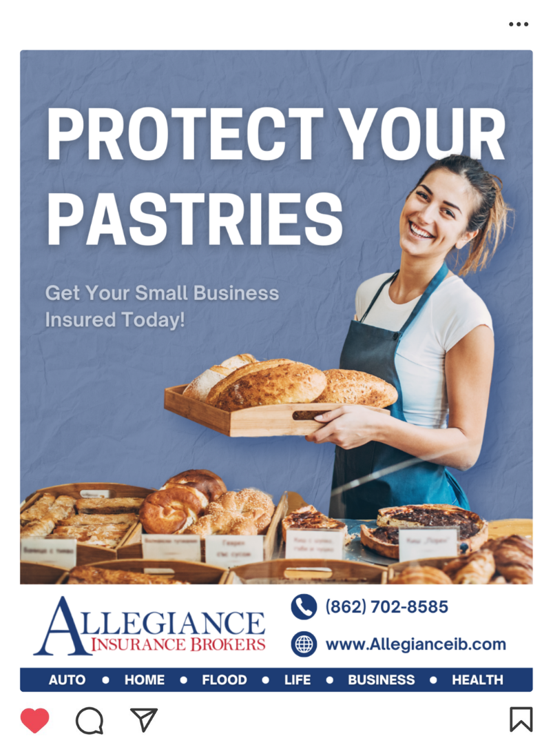 A woman wearing a white shirt and teal apron, holding a wooden tray of baked goods, stands behind a table with more pastries. The background features a blue textured wall with large white text that reads 'Protect Your Pastries' and a smaller message encouraging small business insurance. The bottom of the image displays the Allegiance Insurance Brokers logo, contact phone number, website, and a list of insurance services.