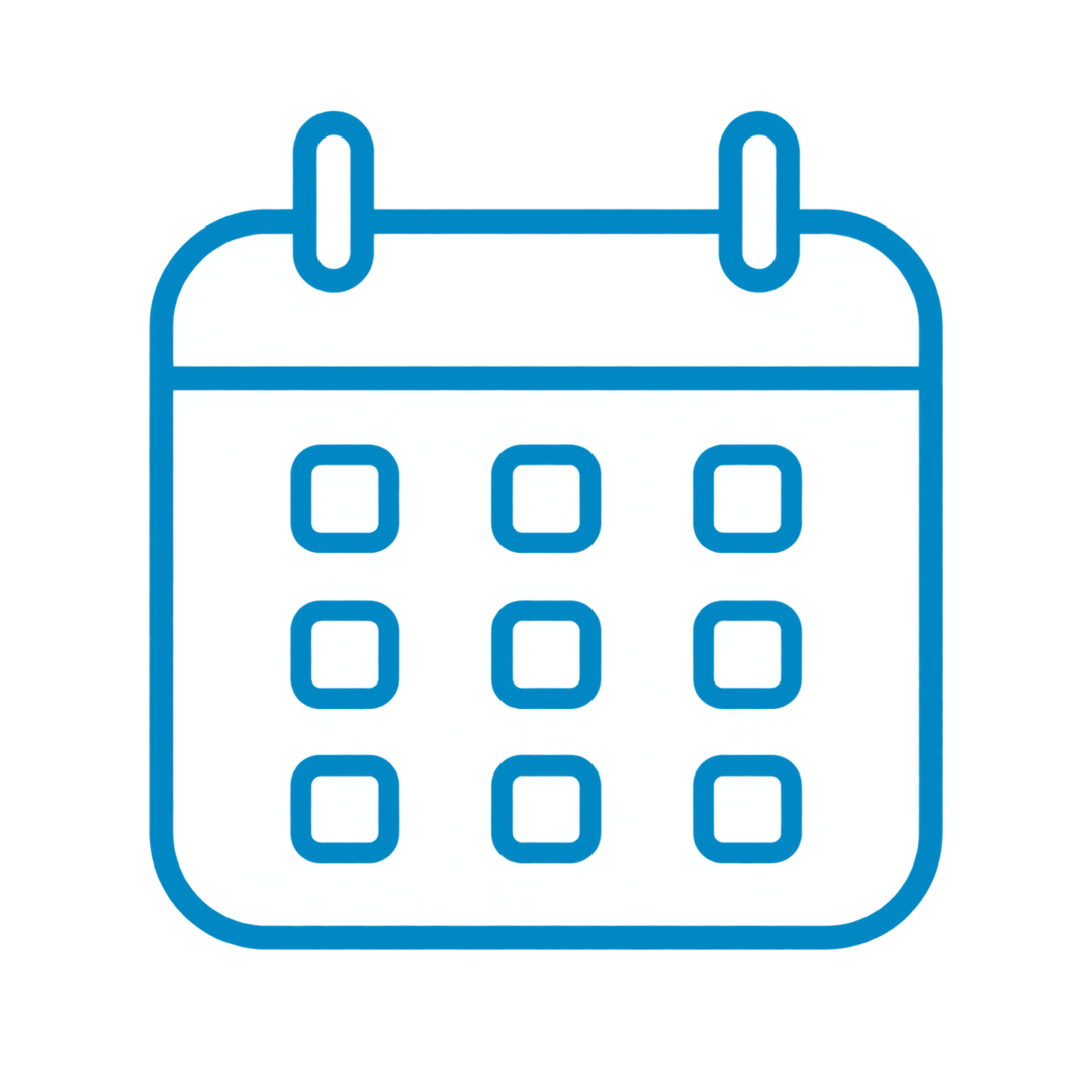 Icon of a calendar with several dates marked, in blue outline against a black background.