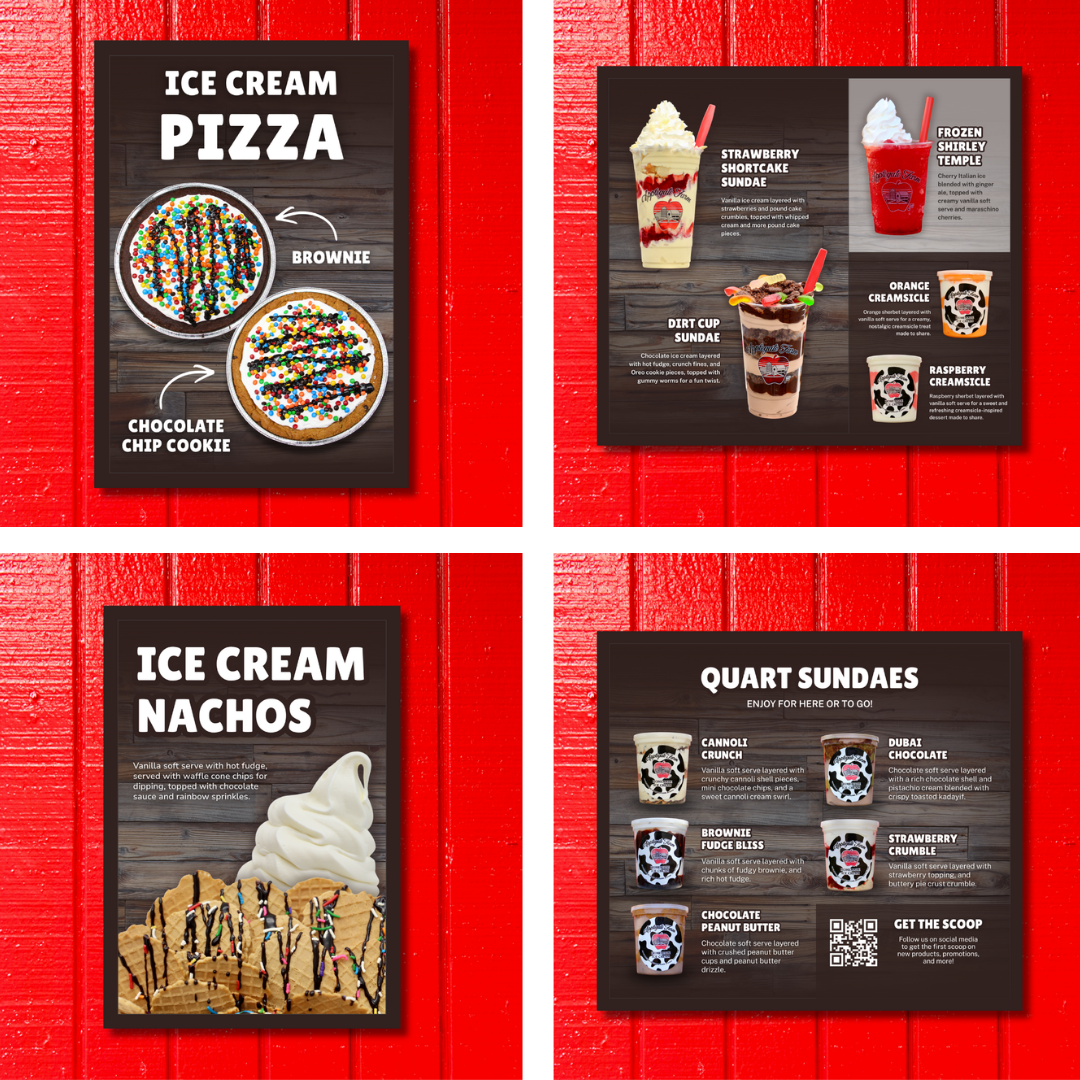 Four digital menu signs on a red wooden wall display ice cream desserts. The top left sign shows decorated cookies labeled as brownie and chocolate chip cookie. The top right sign features various ice cream sundaes like strawberry shortcake sundae and frozen Shirley Temple. The bottom left sign shows vanilla soft serve with a waffle cone and chocolate drizzle, labeled as ice cream nachos. The bottom right sign lists quart sundae flavors including cannoli crunch, brownie fudge bliss, chocolate peanut butter, Dubai chocolate, strawberry crumble, and a QR code for more information.