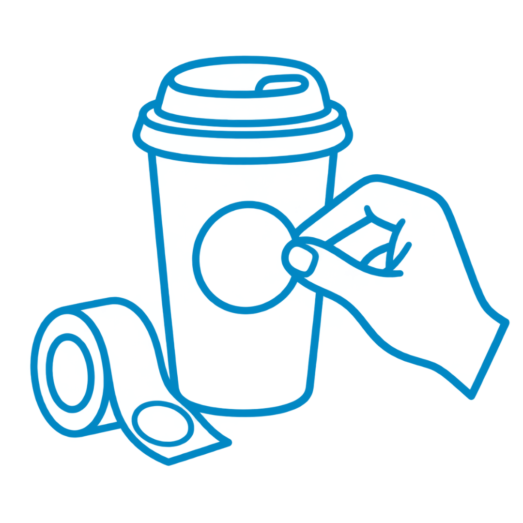 Neon outline drawing of a disposable coffee cup with a lid, a coffee sleeve, and a straw, accompanied by two tickets.