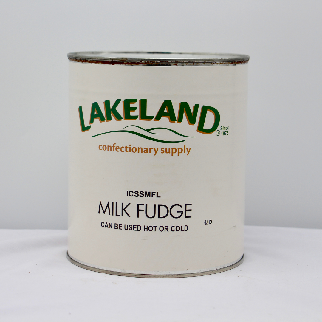 A can of Lakeland confectionery supply milk fudge that can be used hot or cold.