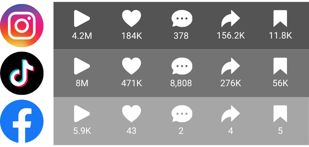 Screenshot of social media engagement metrics for Instagram, TikTok, and Facebook, showing likes, comments, shares, and saves.