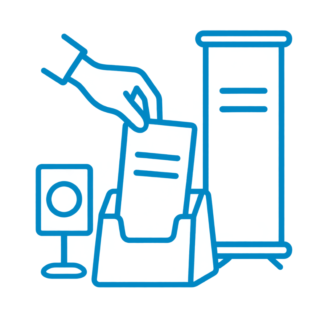 Outline drawing of bakery display cases with shelves, a cash register, a small sign on a stand, and products inside the cases.