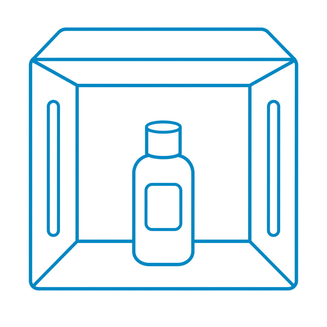 Blue outline of a shower booth with a bottle of shampoo or body wash inside.