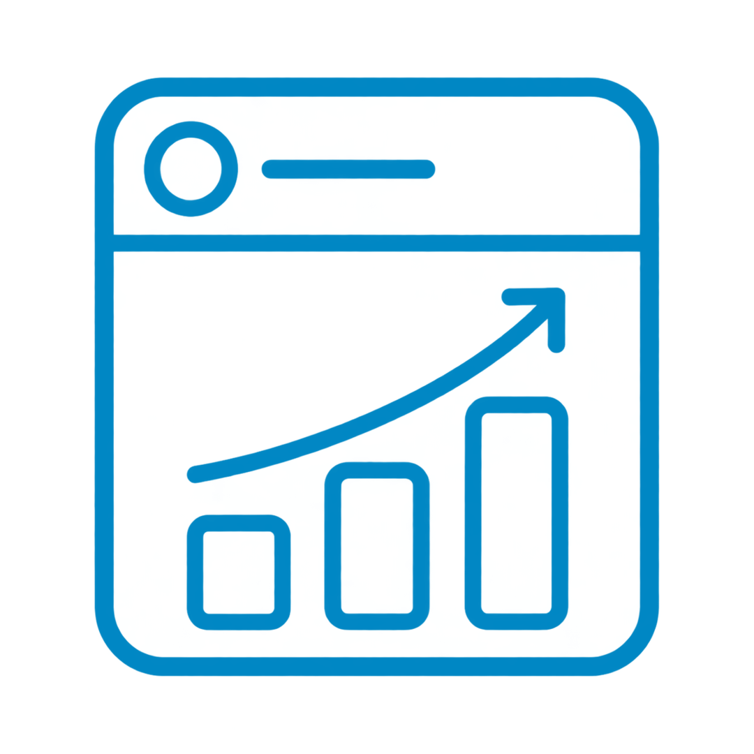 A digital icon of a bar chart with three bars of increasing height and an upward trending line, enclosed in a rounded square outline.