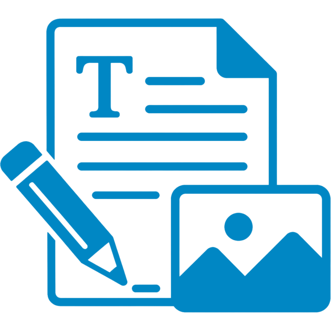 Blue icon of a document, a pencil, and a photo or picture.