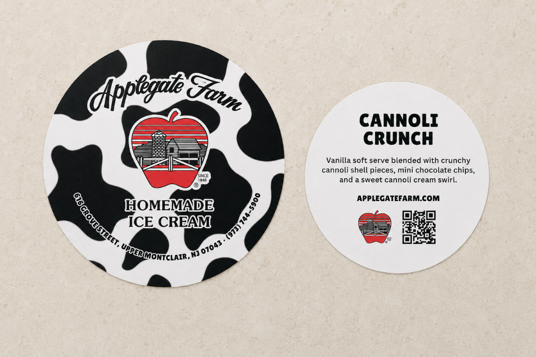 Two round labels on a beige background. The left label has a cow print background with the text 