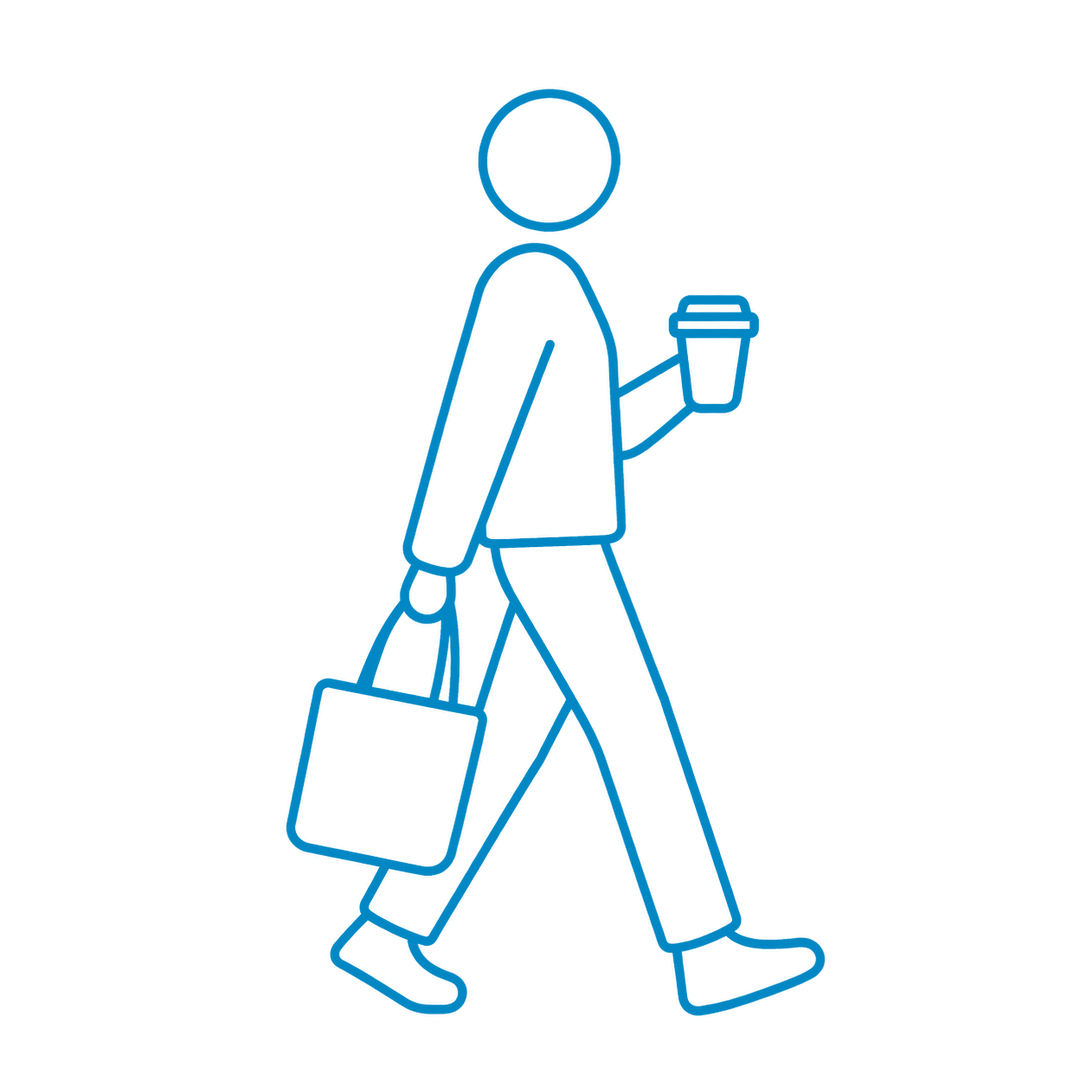 Outline of a person walking, holding a coffee cup in one hand and a briefcase in the other.