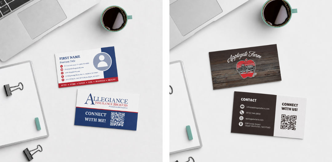 Comparison of two business cards on a white desk with a laptop, a cup of coffee, and office supplies.