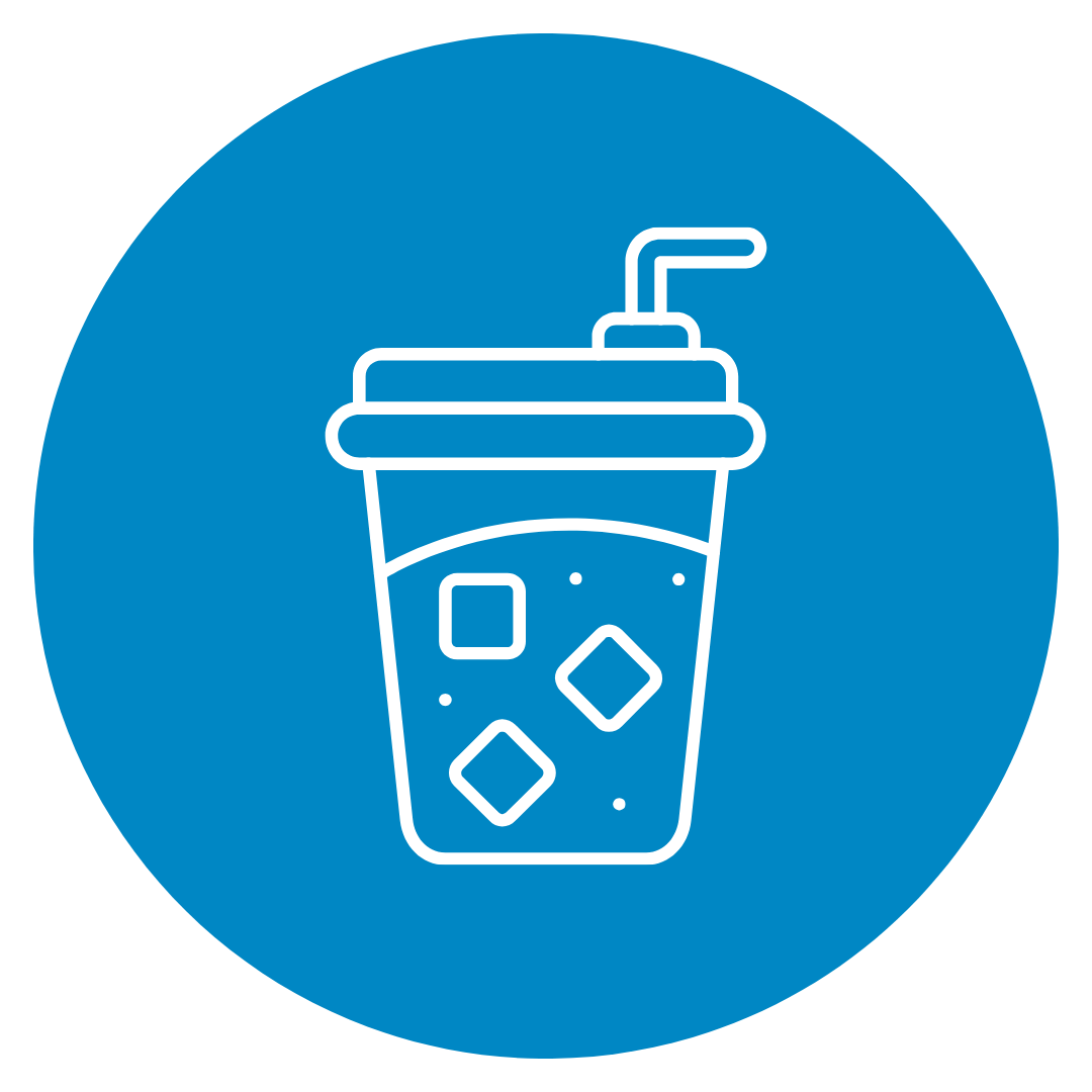 Icon of a beverage cup with a lid and straw, containing ice cubes, within a blue circle.