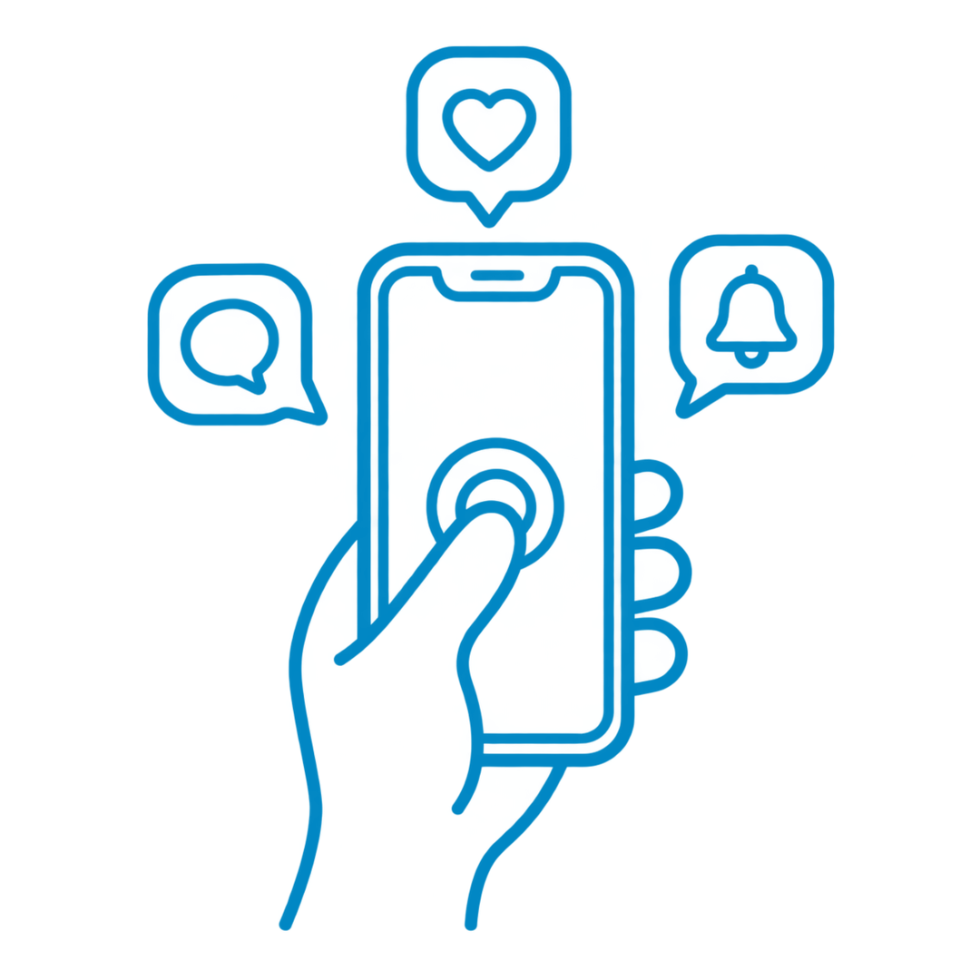 Illustration of a hand holding a smartphone with social media icons, including a heart, a heart with a pulse, a bell, and a chat symbol, glowing in blue neon style.