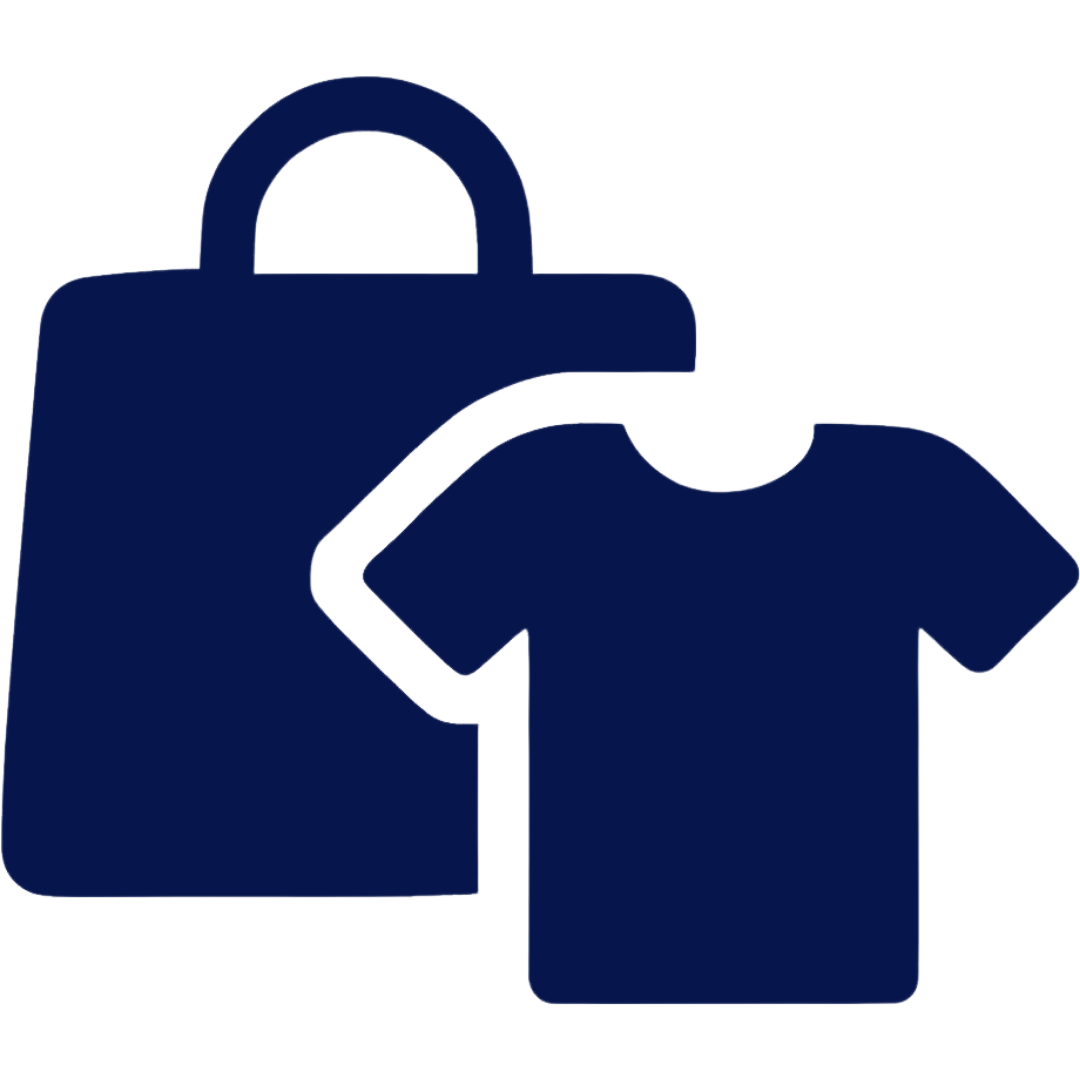Icon of a blue shopping bag with a lock, positioned behind a blue T-shirt, symbolizing secure or protected clothing or apparel.