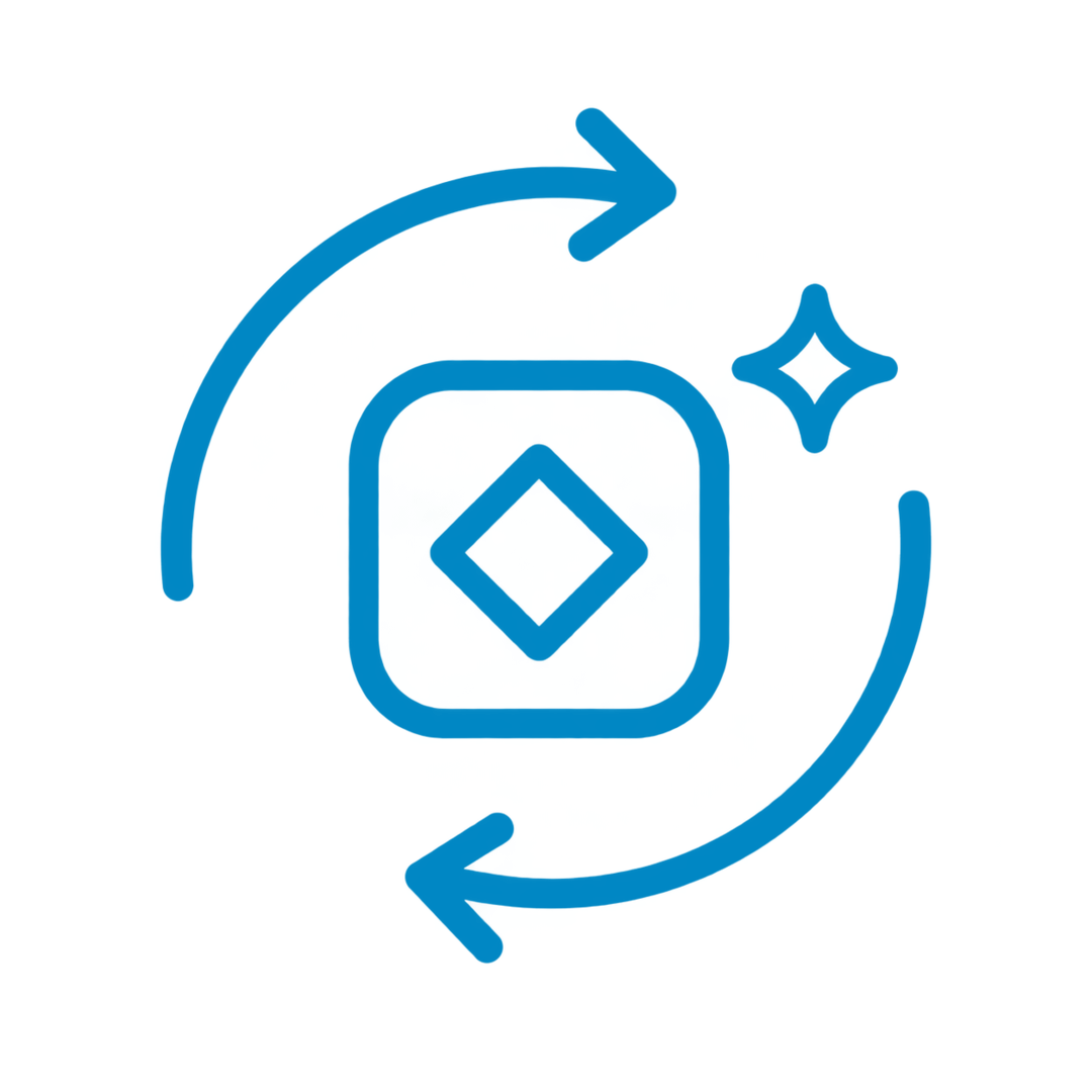 Blue refresh or sync icon with circular arrows surrounding a square with a diamond shape inside, on a black background.