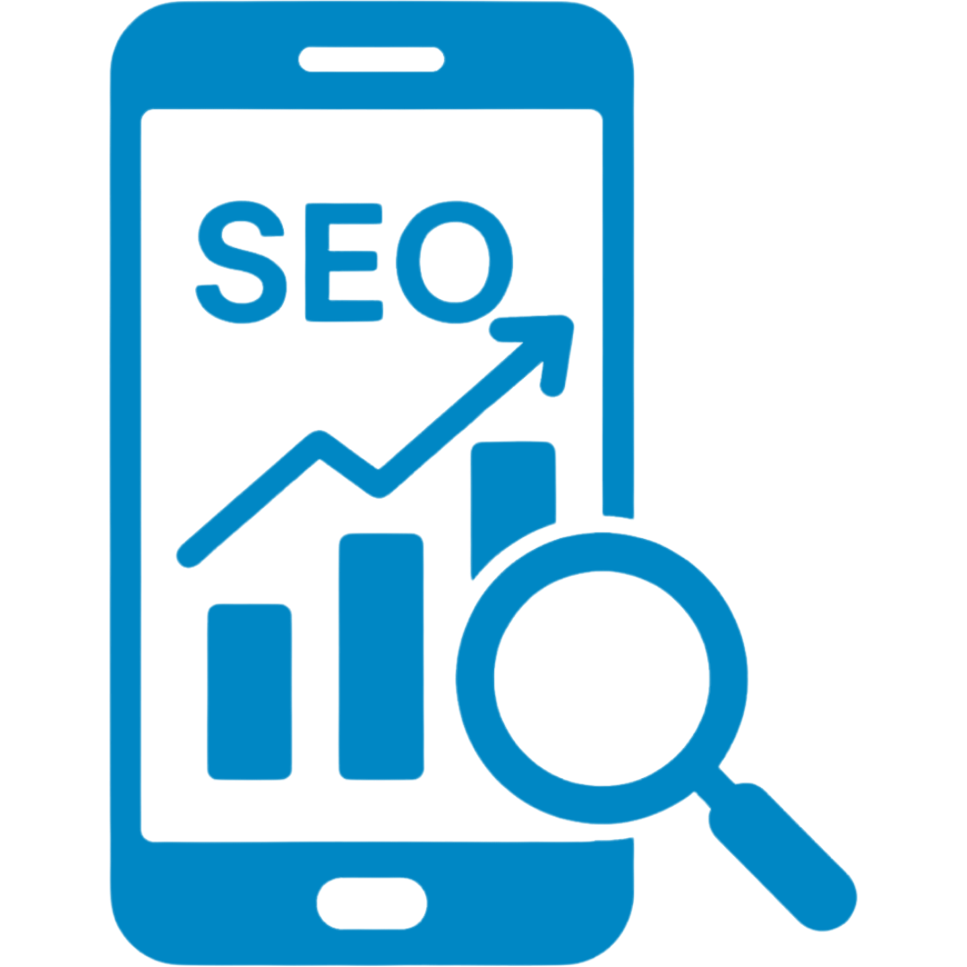 Blue icon of a smartphone with a rising bar graph, a magnifying glass, and the text 'SEO' indicating search engine optimization analysis.