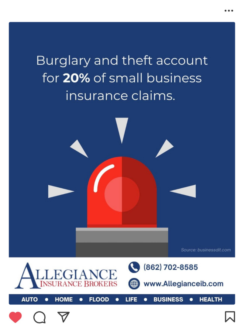 A digital advertisement for Allegiance Insurance Brokers highlighting that burglary and theft account for 20% of small business insurance claims, featuring a red alarm siren, contact information, and insurance coverage categories.