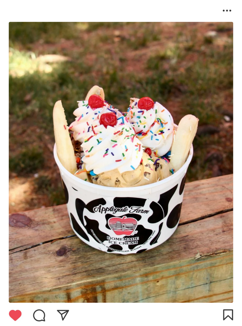 A cup of homemade ice cream topped with whipped cream, colorful sprinkles, cherries, and banana slices, served outdoors on a wooden surface with a grassy background.