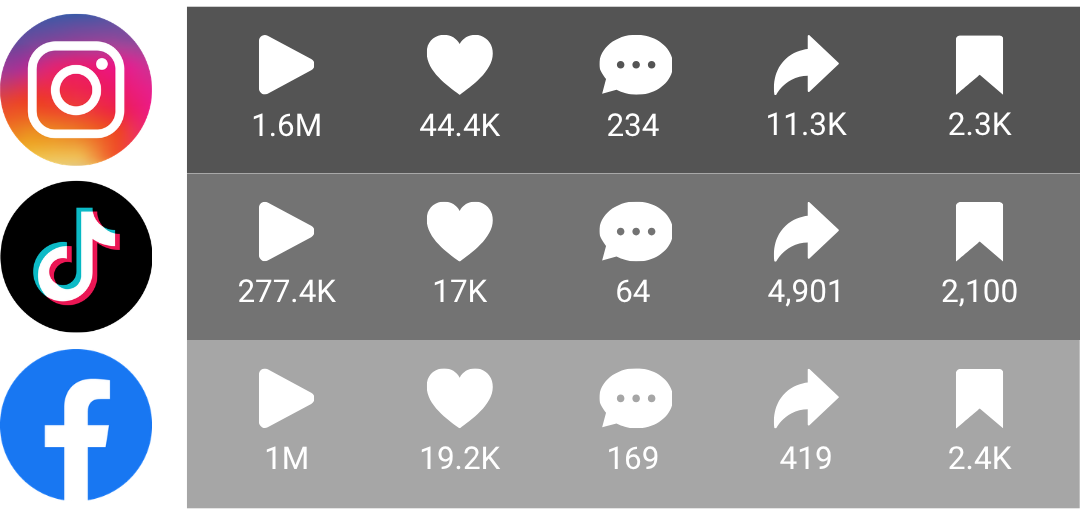 Social media engagement statistics for Instagram, TikTok, and Facebook, showing views, likes, comments, shares, and bookmarks.