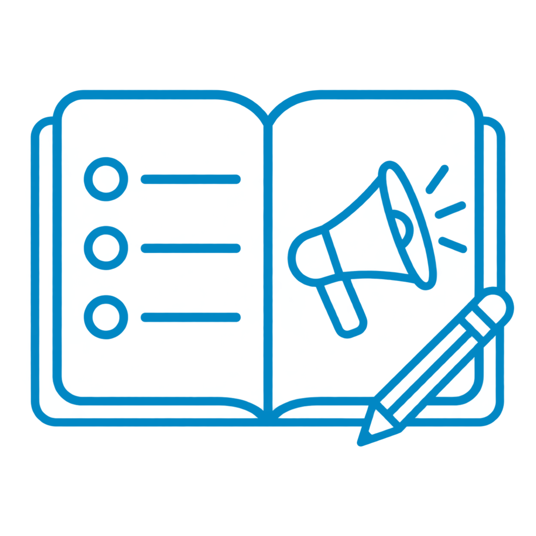 Neon outline of an open book with a pen, a magnifying glass, and writing tools on pages.