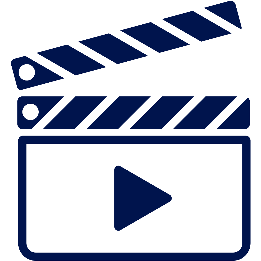 Icon of a clapperboard and a film call sheet with a play button, representing video or film production.