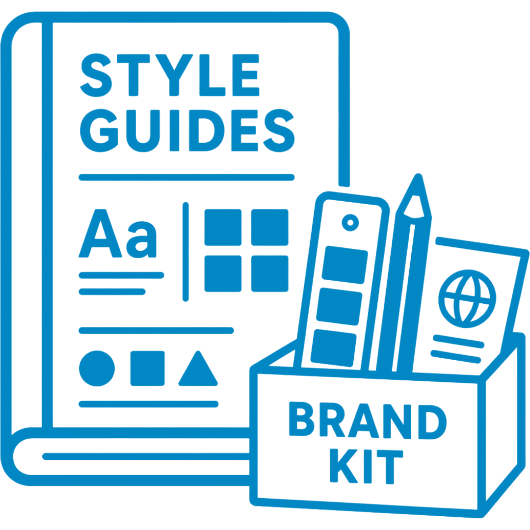 An illustration of a style guides book and a brand kit box with color palette swatches, a globe, and a pen.