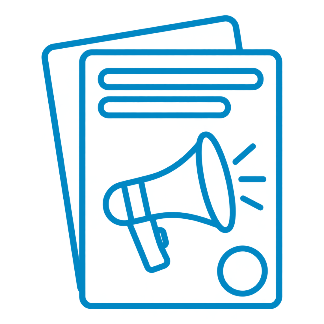 Neon blue outline of a newspaper with a megaphone icon on the front page.