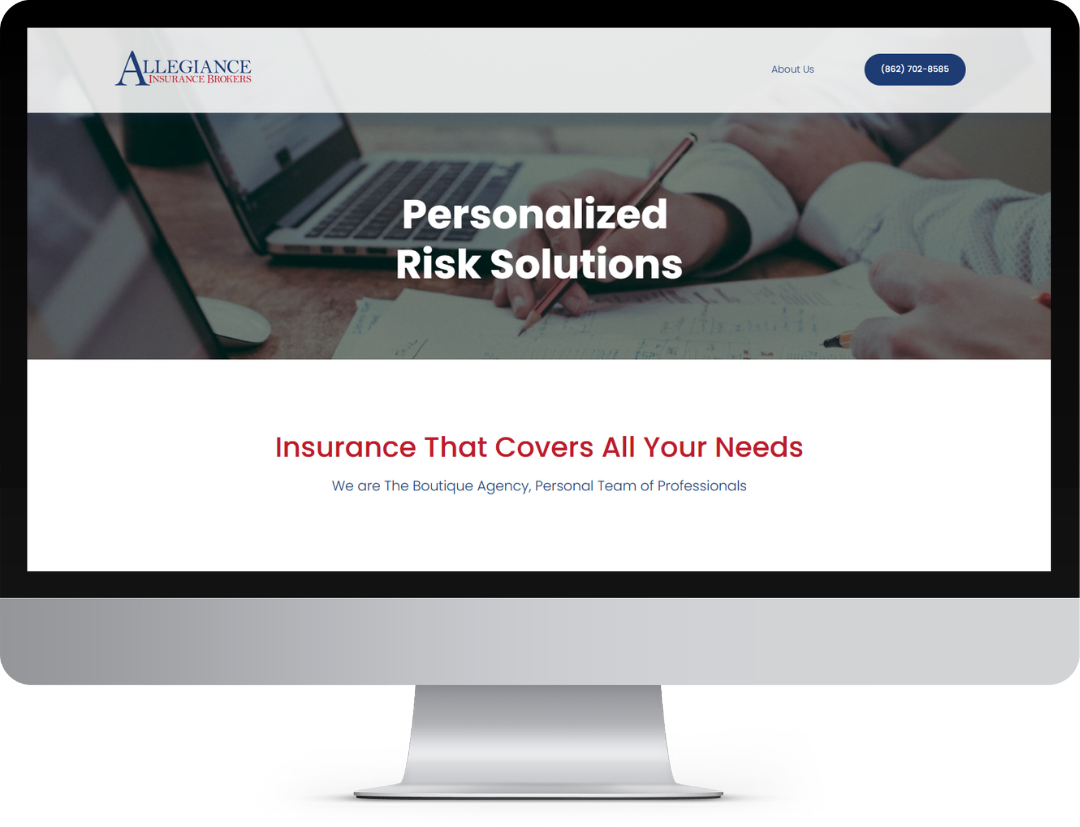 Screenshot of a website homepage for Allegiance Insurance Brokers featuring a header with the company logo, a phone number, and a background image of a person writing at a desk with a laptop. The main text reads "Personalized Risk Solutions" and a subheading states "Insurance That Covers All Your Needs".