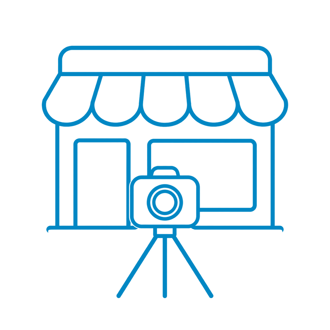 Line drawing of a small storefront with a camera on a tripod in front of it, representing photography or videography for a shop or business.