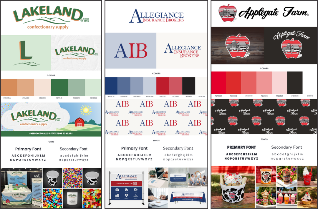 A collage of three sets of branding and logo designs for companies named Lakeland, Allegiance Insurance Brokers, and Applegate Farm, featuring logos, color palettes, fonts, and product images.