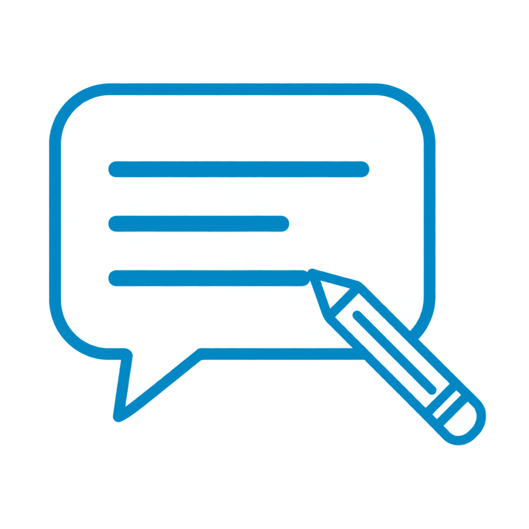Blue neon icon of a chat bubble with three horizontal lines and a pencil overlay, symbolizing writing or editing.