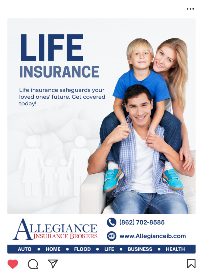 An advertisement for life insurance features a smiling family of three: a man sitting on a white couch with a young boy on his back, and a woman standing close behind them, all smiling. The background has a faint outline of family figures. The ad promotes Allegiance Insurance Brokers, listing a phone number and website, with a navigation menu including auto, home, flood, life, business, and health insurance.