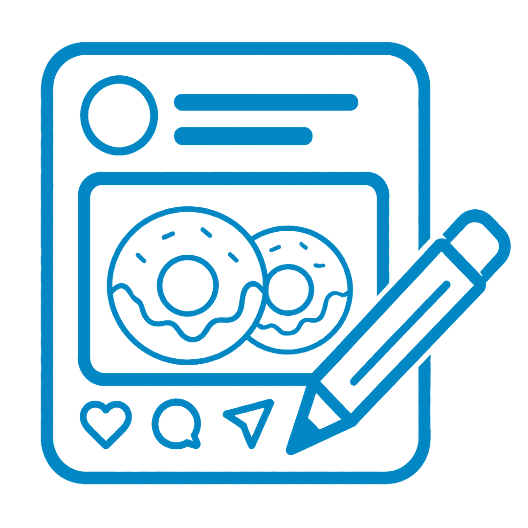 Line drawing of a smartphone screen showing two donuts and social media icons, with a pencil in front.