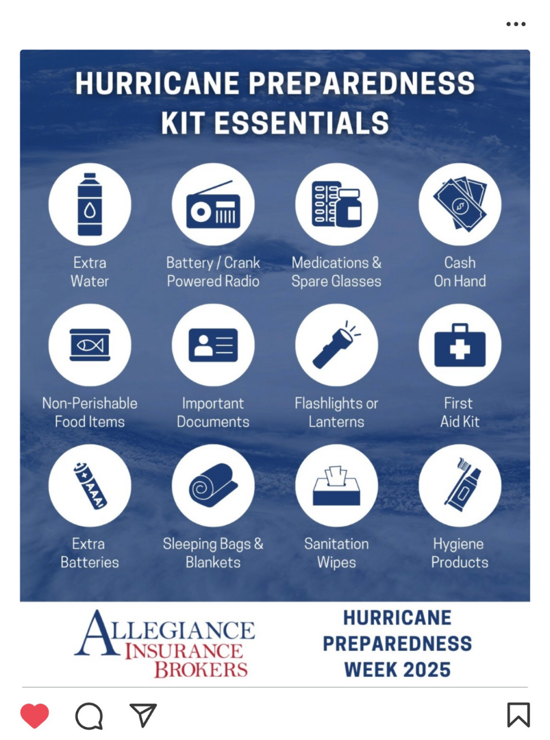 List of hurricane preparedness kit essentials, including extra water, battery-powered radio, medications and spare glasses, cash, non-perishable food items, important documents, flashlights or lanterns, first aid kit, extra batteries, sleeping bags and blankets, sanitation wipes, and hygiene products, for Hurricane Preparedness Week 2025.