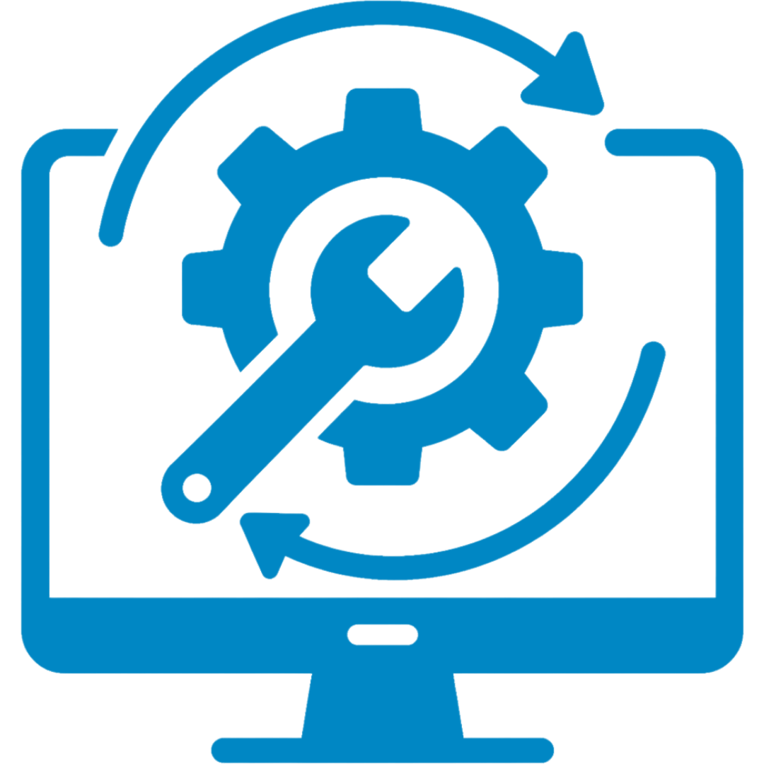 Computer monitor with gear, wrench, and refresh symbol, representing system maintenance or software update.