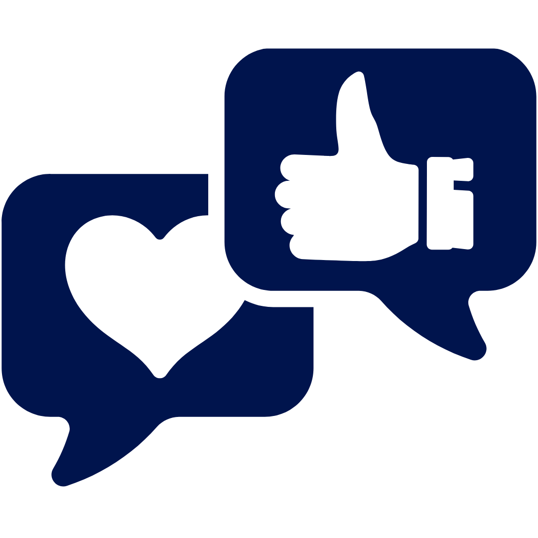 Two speech bubbles, one with a heart and the other with a thumbs-up icon, symbolizing love and approval.