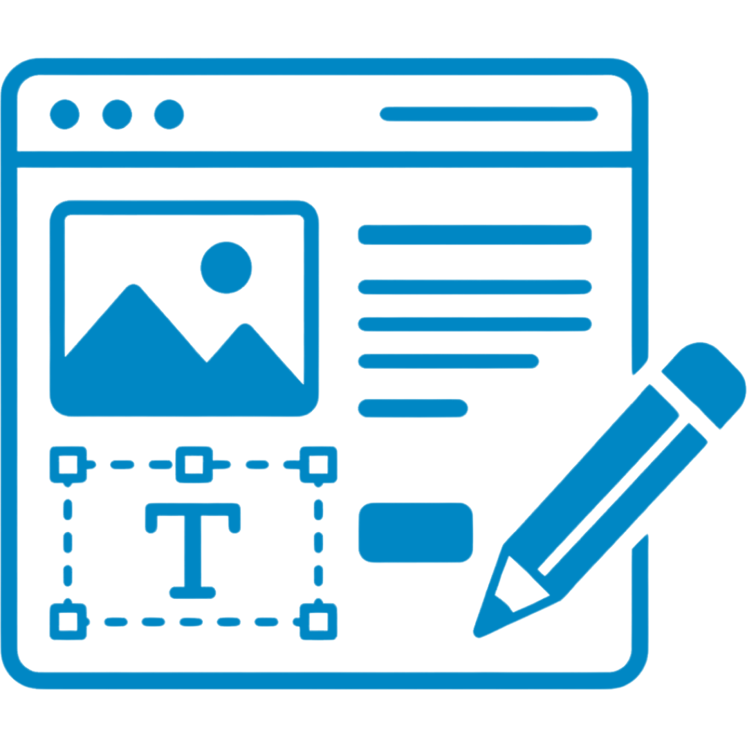 Icon illustration of a web page or digital editing interface with a picture icon, text lines, and editing tools including a crop box with a 'T' in the center and a pencil.