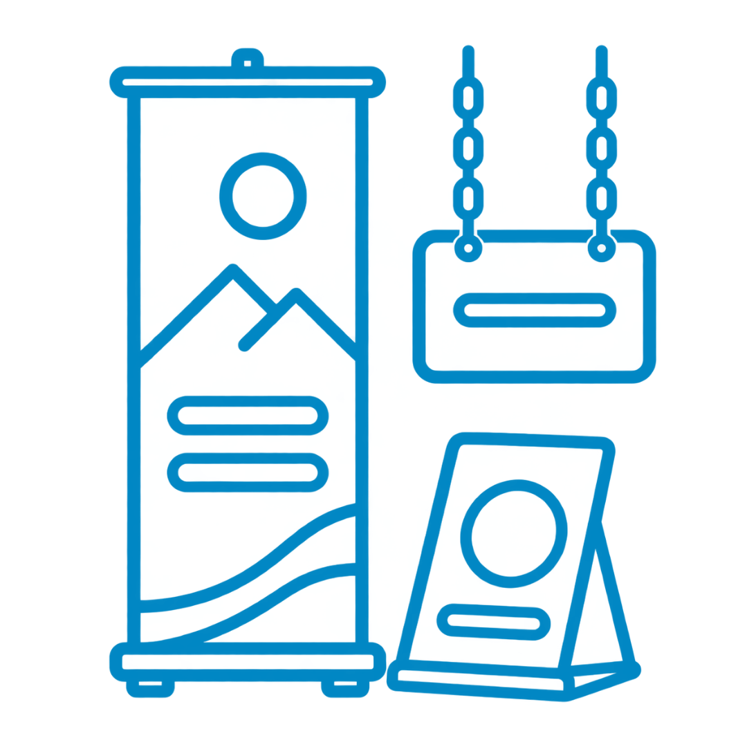 Neon line art illustration of a jukebox, a speaker, and a hanging speaker or sound system, all in shades of blue.