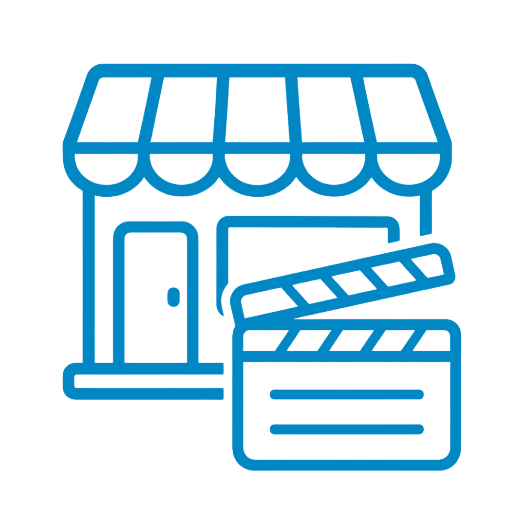 Icon of a storefront with a striped awning, a clapperboard, and a storefront front.
