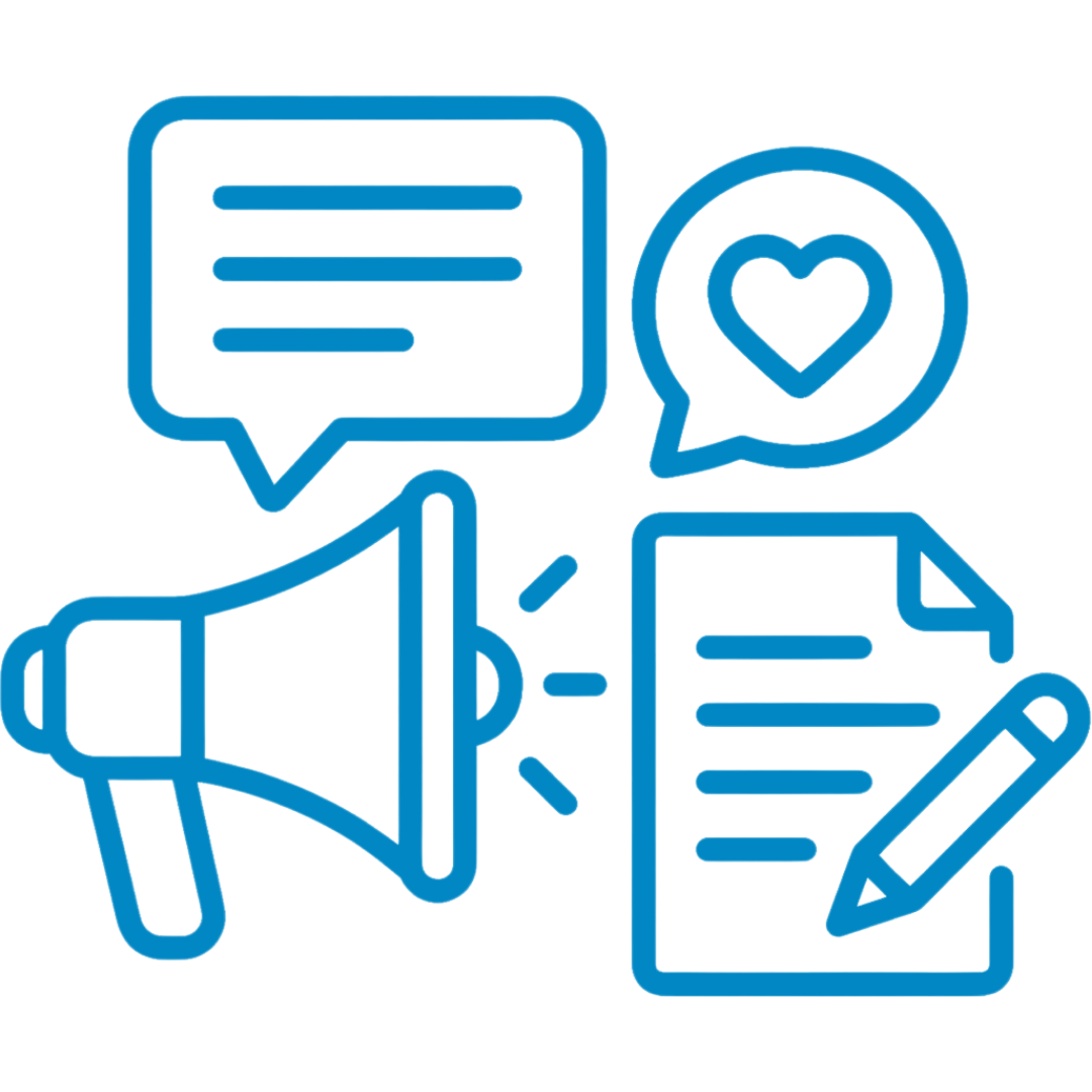 Line drawing of a megaphone, speech bubbles with a heart and text, a document, and a pencil, representing communication and social media engagement.