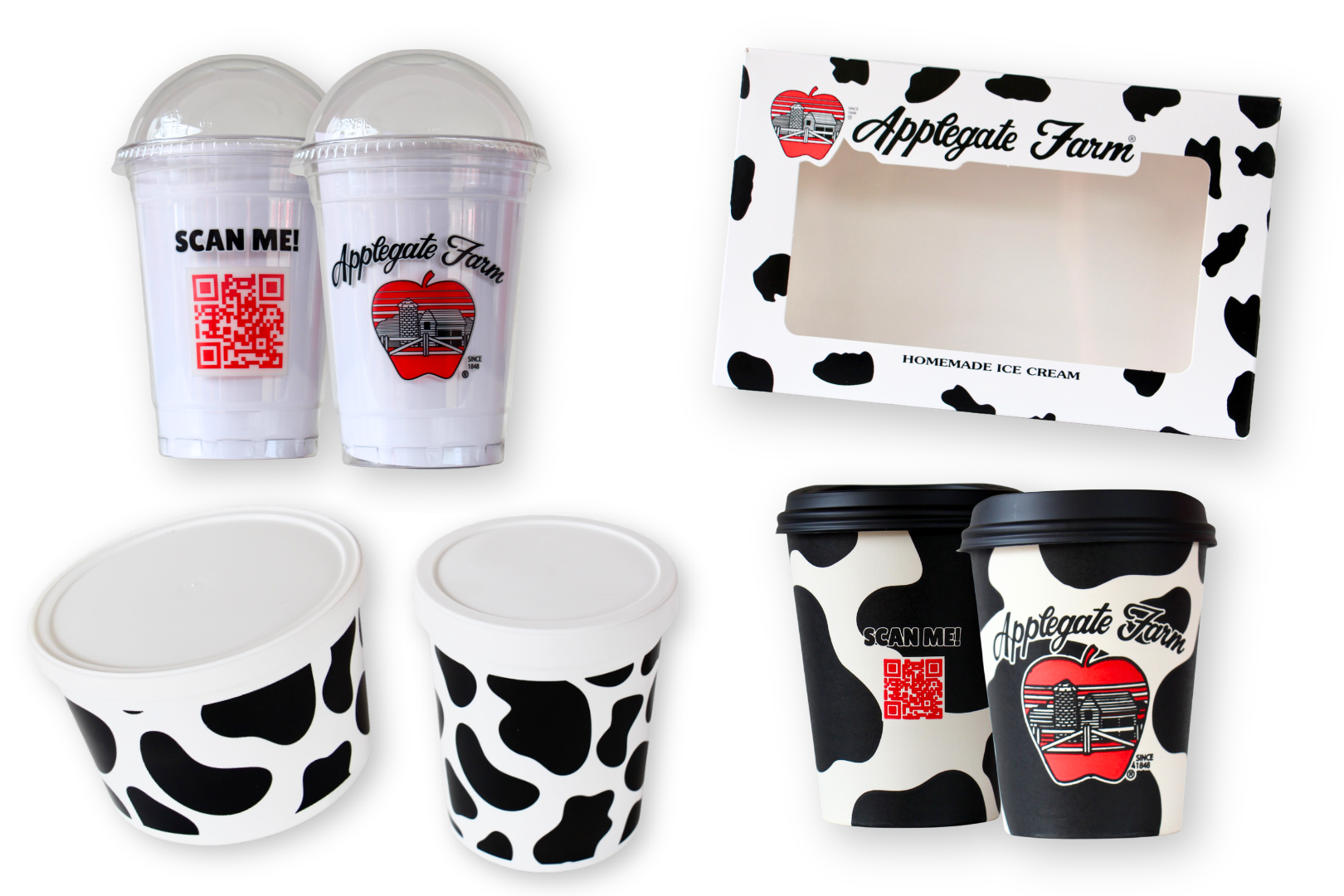 Set of cow-patterned disposable cups, two with black lids, two smaller with white lids, two clear to-go cups with domed lids featuring branding for Applegate Farm and a QR code, and a rectangular box with black cow spots, a cow print pattern, and branding for homemade ice cream.