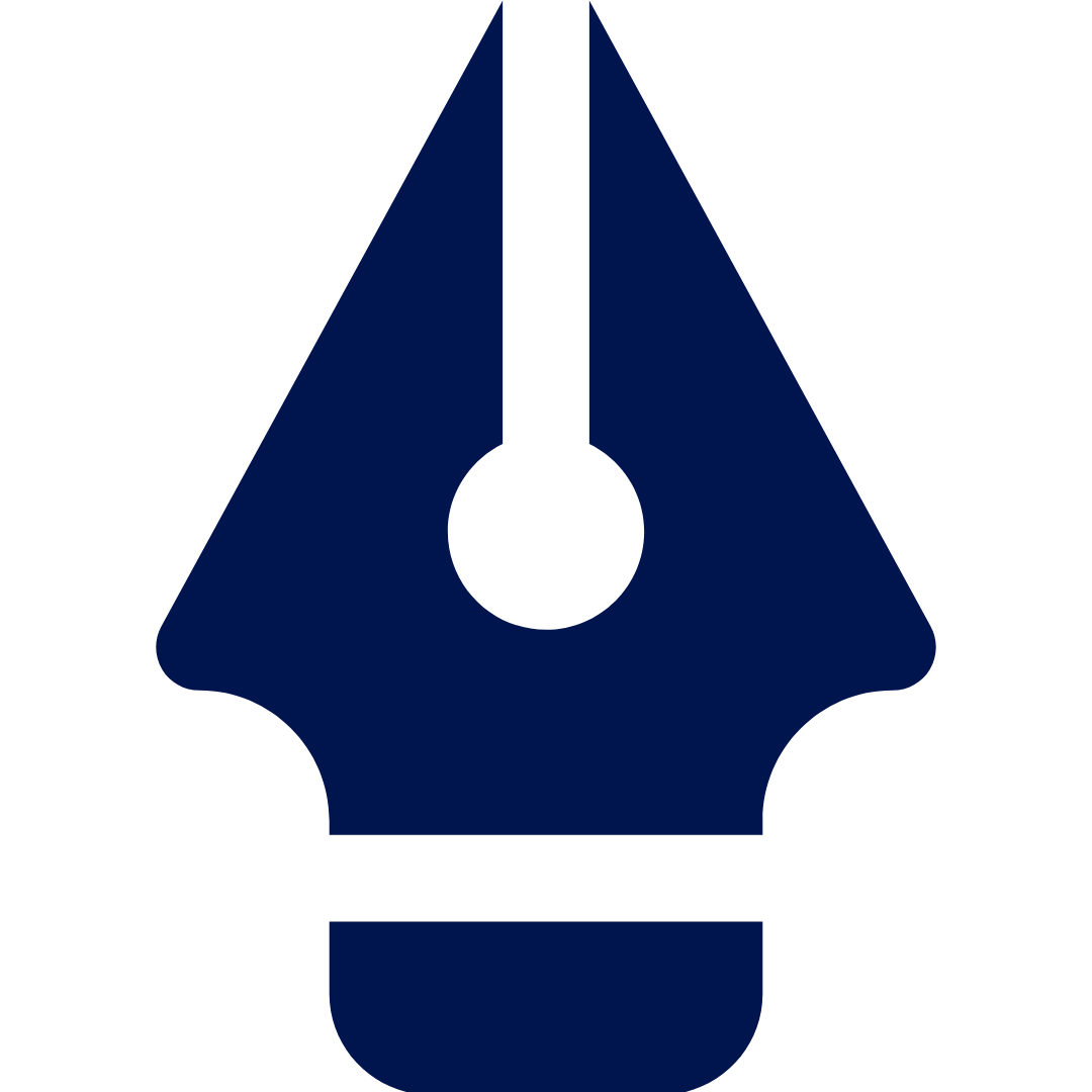 A dark blue icon of a fountain pen nib, stylized with a circle at the center and a pointed tip.