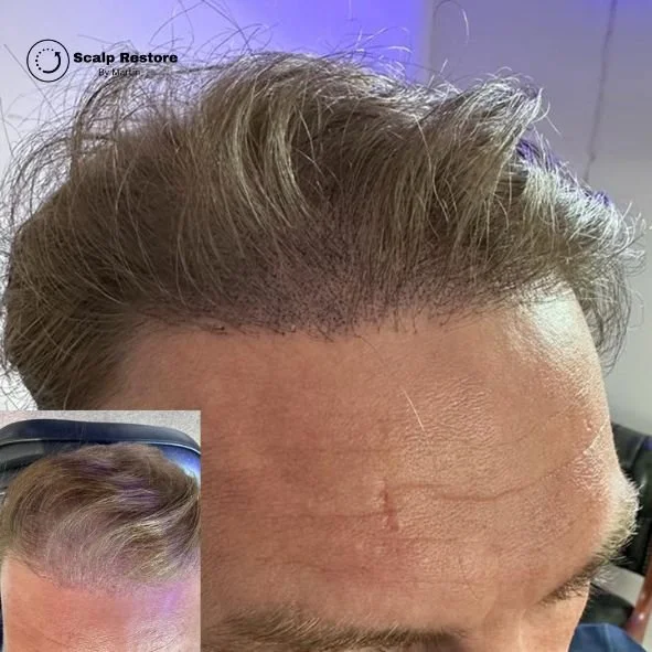 Close-up of a man's scalp showing a recent hair transplant with visible tiny grafts, and a smaller inset image of the same person before the procedure showing thinning hair.