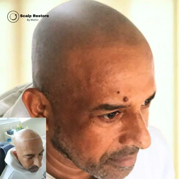 Close-up of a man's head with a shaved scalp, showing signs of hair restoration. Smaller inset image of the same man before treatment, with a full head of hair. The image is associated with 'Scalp Restore' by Martin.