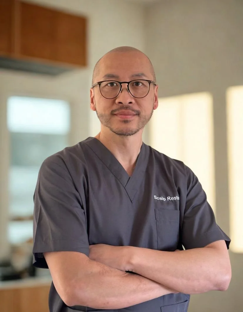 A man with glasses, a beard, and a shaved head wearing a dark gray scrubs top with 'Scalp Restor' written on it, standing with arms crossed in a well-lit room.