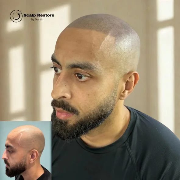 Close-up of a man with a beard and a shaved head, looking to the side, in a well-lit room, with a smaller inset image of a bald man with a scar on his scalp.