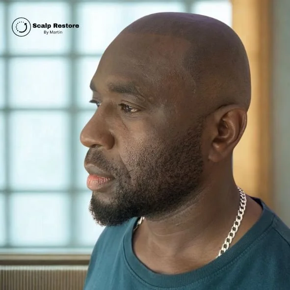 Side profile of a bald African American man with a chain necklace, indoors with frosted window in background.
