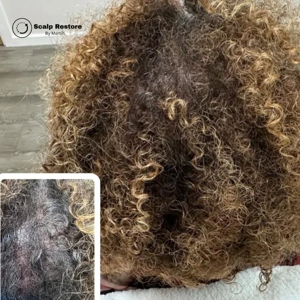 Close-up of a person's scalp with hair loss and scalp restoration treatment, showing curly hair with a section of exposed scalp