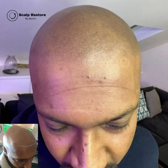 Close-up of a man's bald head showing a scalp restoration treatment, with a small inset image of the same man before treatment.