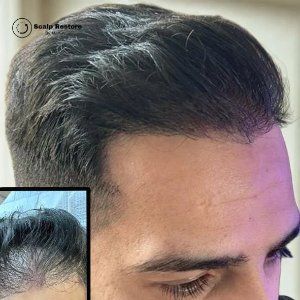 Close-up of a man's scalp showing hair restoration treatment, with healthy hair growth visible.