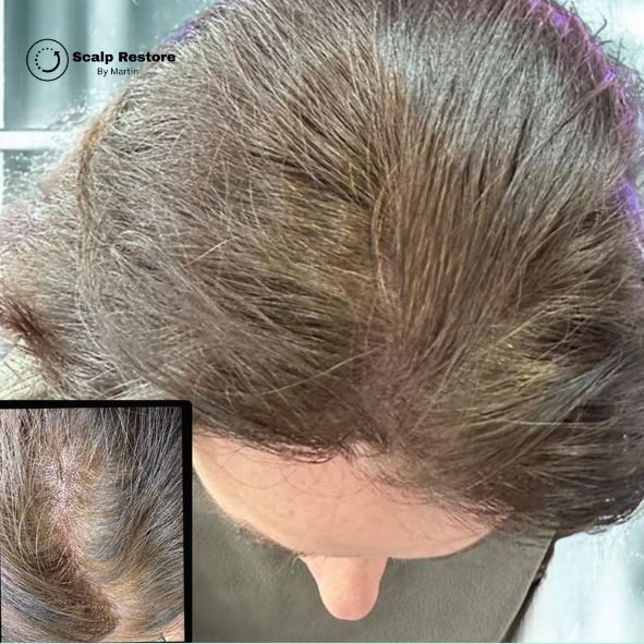 Top view of a woman's scalp showing hair thinning and hair restoration treatment, with an inset close-up of the scalp.